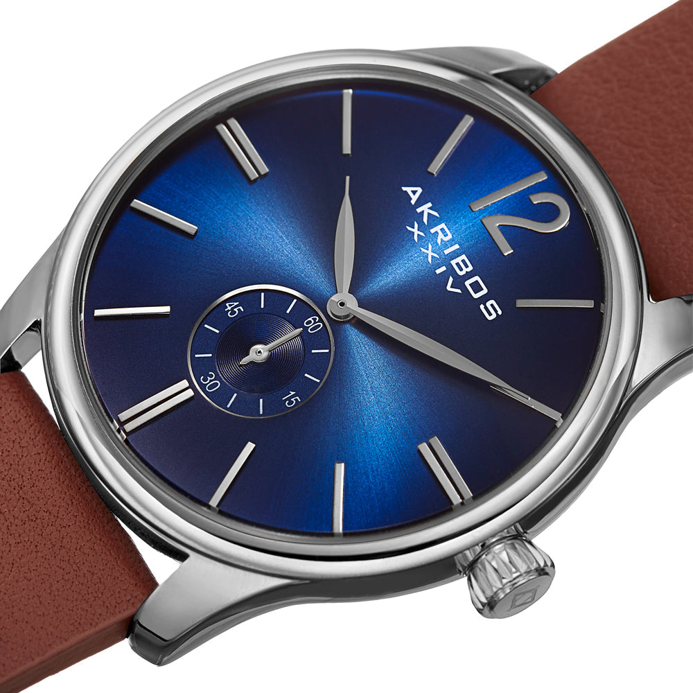 Men's Akribos XXIV AK916SSBU Small Seconds Genuine Brown Leather Strap Watch Blu