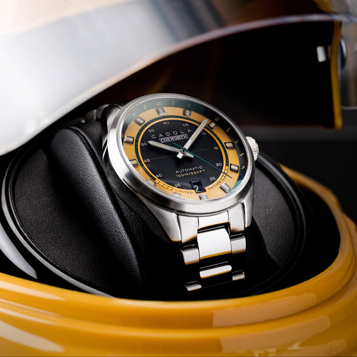 DFV-COSWORTH HELMET WATCH WINDER AUTOMATIC LIMITED EDITION YELLOW / STAINLESS ST