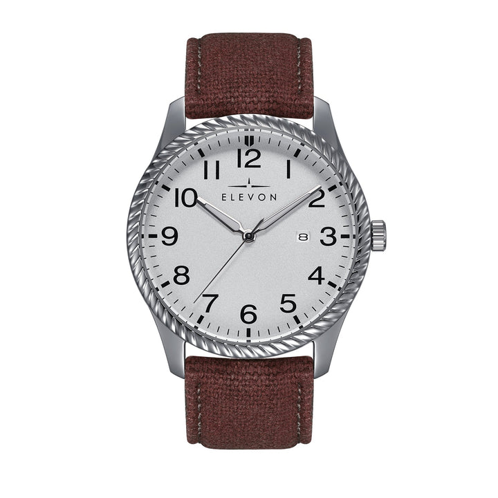 Crosswind Canvas-Overlaid Leather-Band Watch w/ Date Silver/Brown | Silver Dial