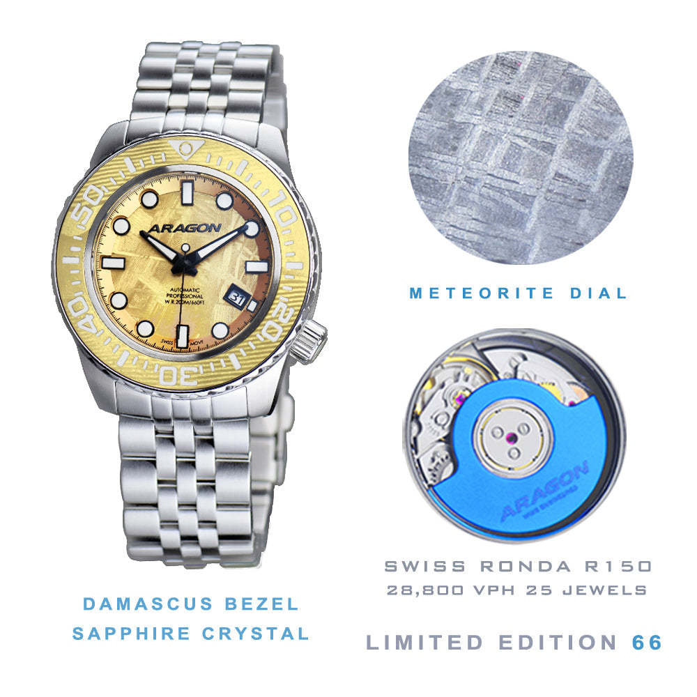 EVO Meteorite Swiss Automatic Limited Edition Titanium Damascus Bezel - Gold | G