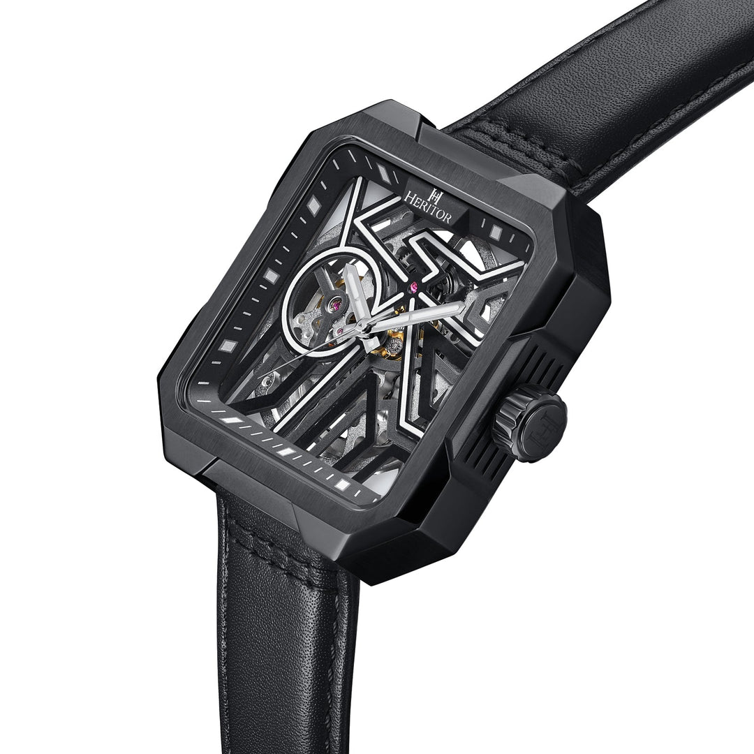 Campbell Leather-Band Skeleton Watch Black | Black Dial