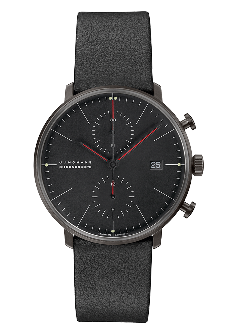 Max Bill Chronoscope Bauhaus Black Dial / Black Leather Strap Black Dial