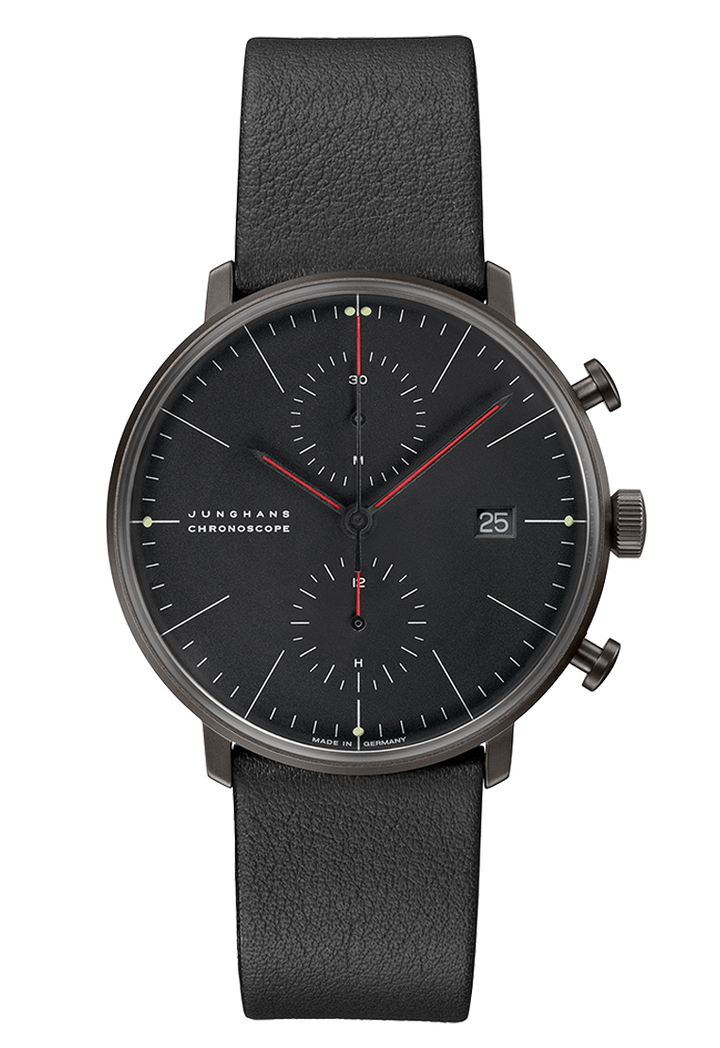Max Bill Chronoscope Bauhaus Black Dial / Black Leather Strap Black Dial