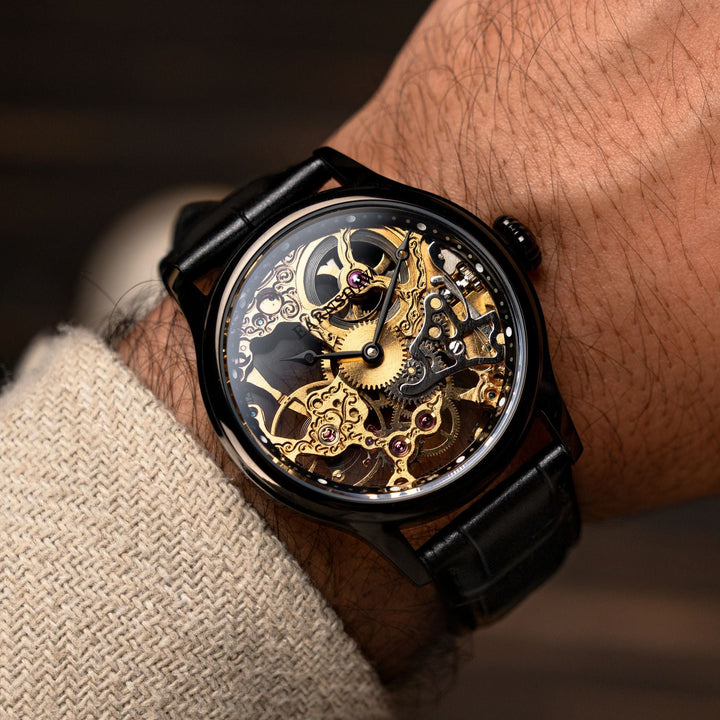 Bauer Mechanical Skeleton Gold / Genuine Leather | Gold Dial