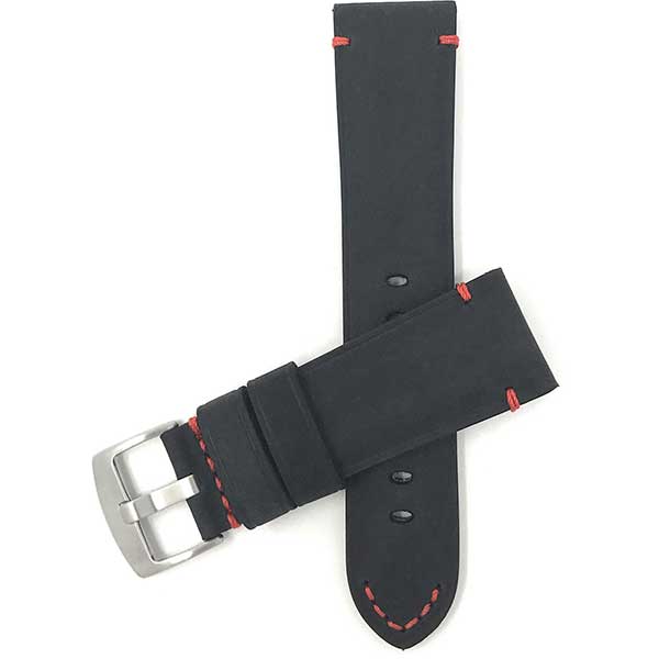 520 | 22mm Black and Red Mens Distressed Leather Watch Strap, Stitch 22mm / Blac