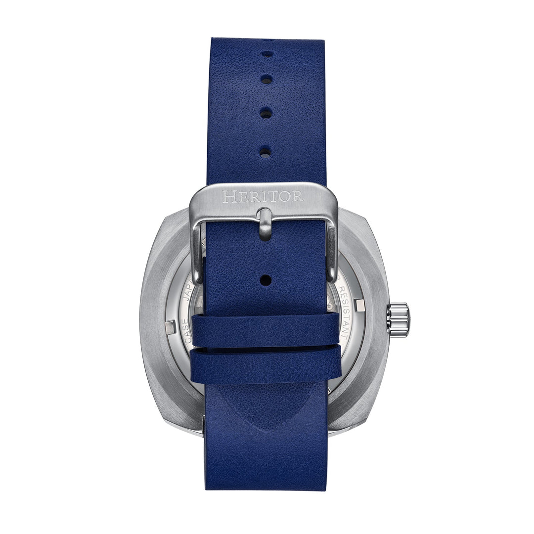 Davenport Engraved-Case Leather-Band Watch w/ Date Silver/Blue | Blue Dial
