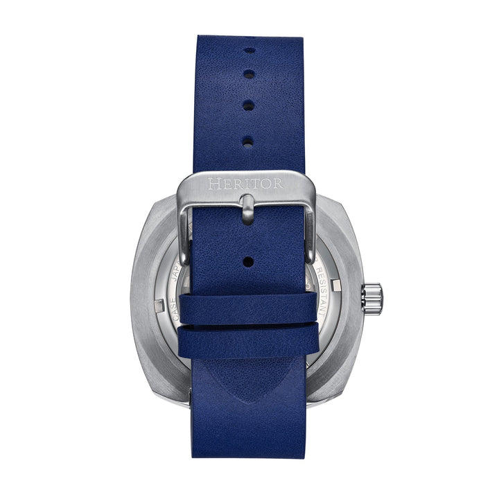 Davenport Engraved-Case Leather-Band Watch w/ Date Silver/Blue | Blue Dial