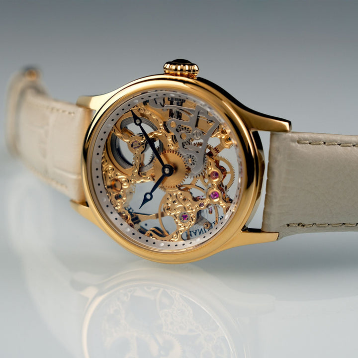 Bauer Mechanical Skeleton Gold / Genuine Leather Gold Dial