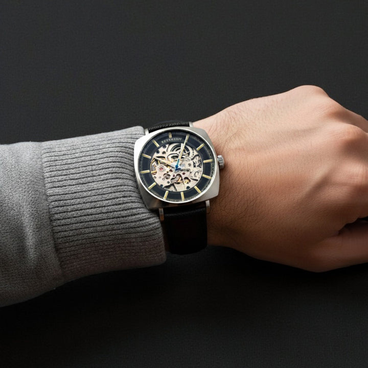 City Of London Moorgate Skeleton Automatic Black / Genuine Leather Strap Black D