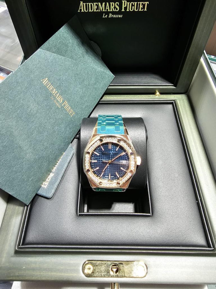 Audemars Piguet ROYAL OAK 37MM BLUE DIAL 18K PINK GOLD WITH DIAMOND BEZEL Ref. 15551OR.ZZ.1356OR.05 MENS WATCH