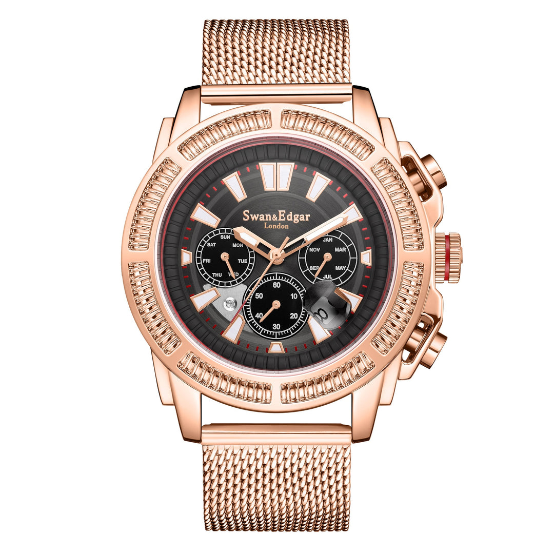 Noble Automatic Black Dial Rose Gold Stainless Steel Bracelet Rose Gold Case 45m