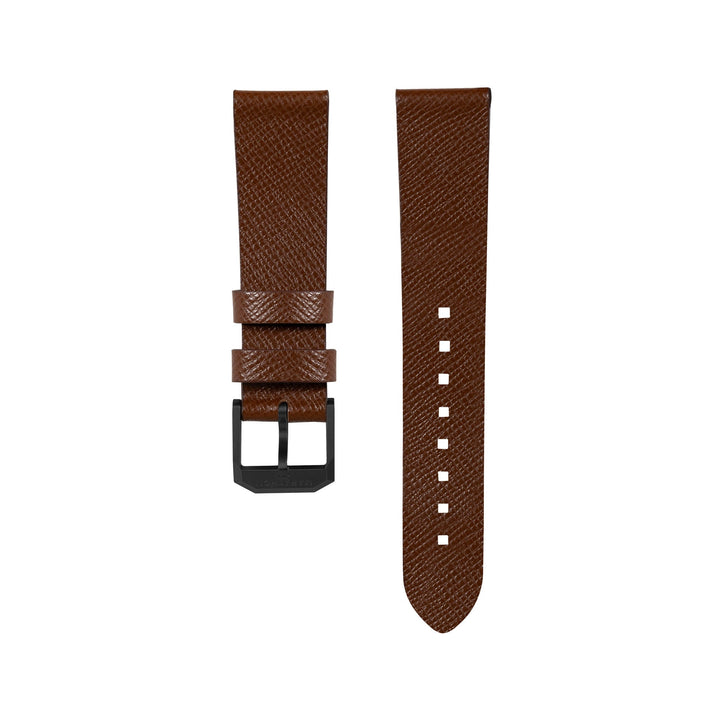 STRAP, 20mm, ITALIAN LEATHER, CROSS HATCH, IP BLACK BUCKLE, COGNAC, STANDARD ITA
