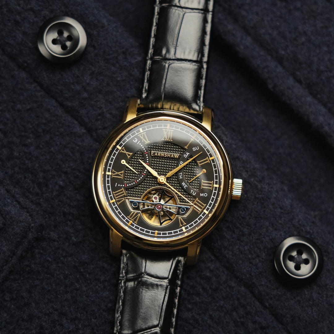 Heritage Longcase Double Retrograde Calendar Open Heart Automatic Black / Genuin