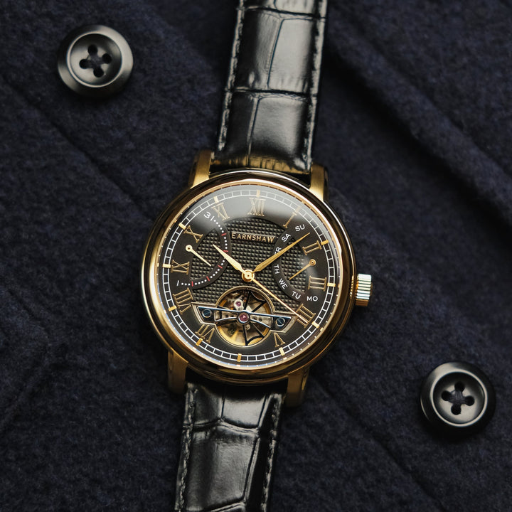 Heritage Longcase Double Retrograde Calendar Open Heart Automatic Black / Genuin