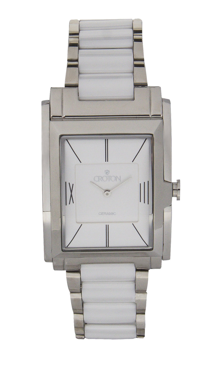 Men's Swiss Quartz White Ceramic & Stainless Steel Rectangular Dress Watch  |  D
