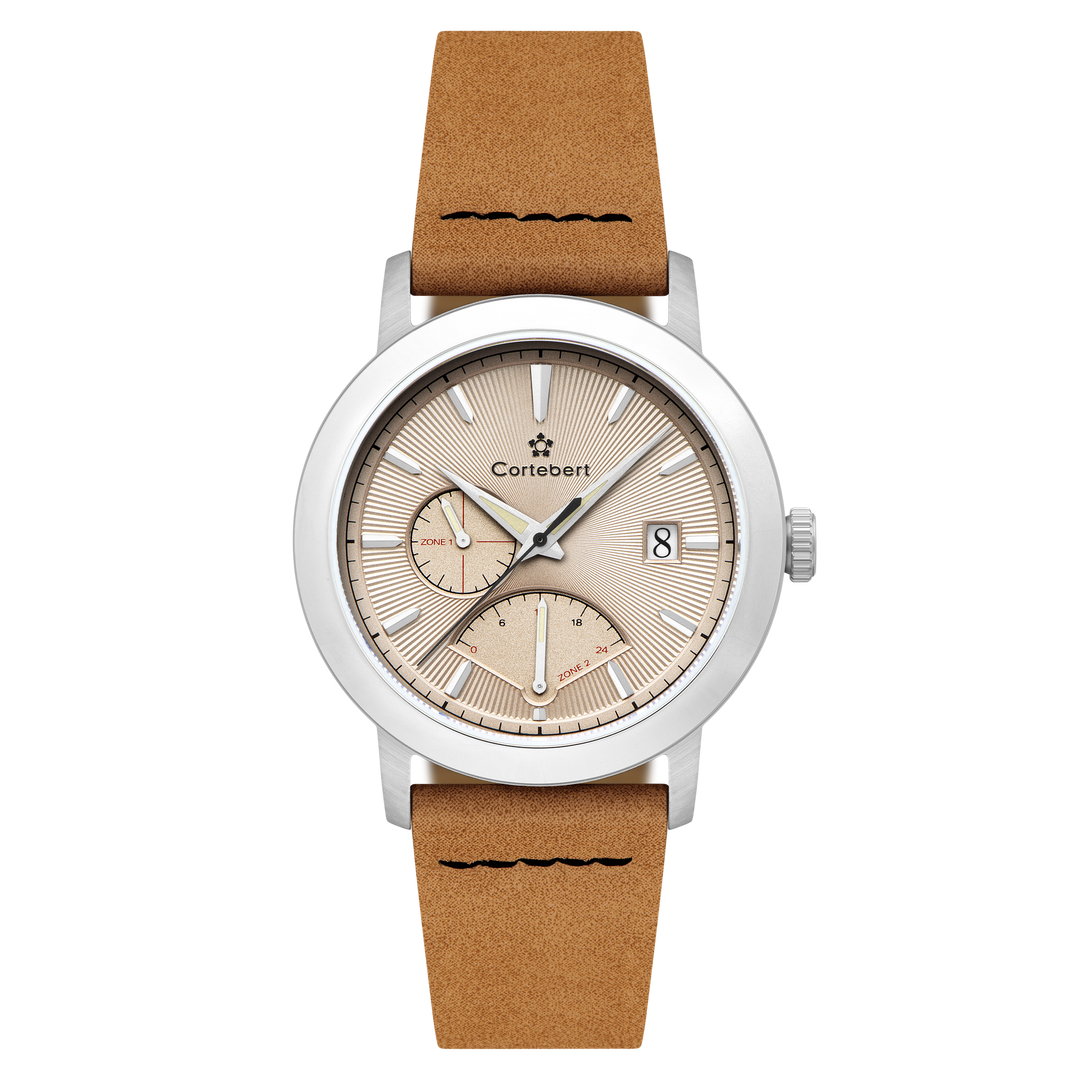 Cortebert Rodez Retrograde Dual Time Tan / Genuine Leather | Tan Dial