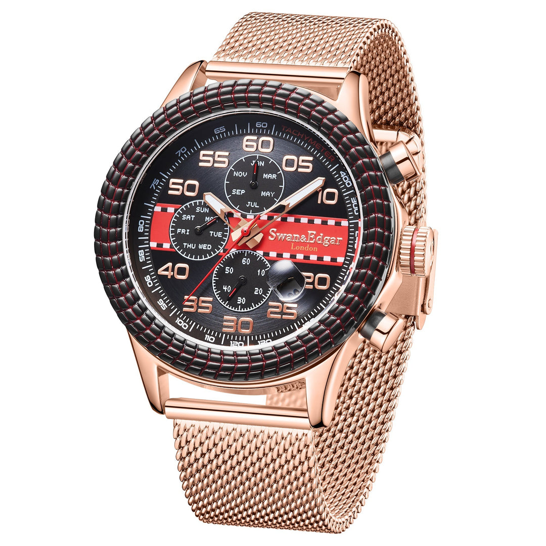 Race Line Automatic Black/Red Dial Rose Gold Milanese Bracelet Rose Gold Case 45