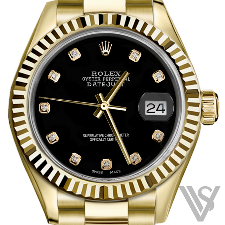 Rolex - Yellow Gold Datejust - Fluted Bezel - Black Diamond Dial - President Bracelet