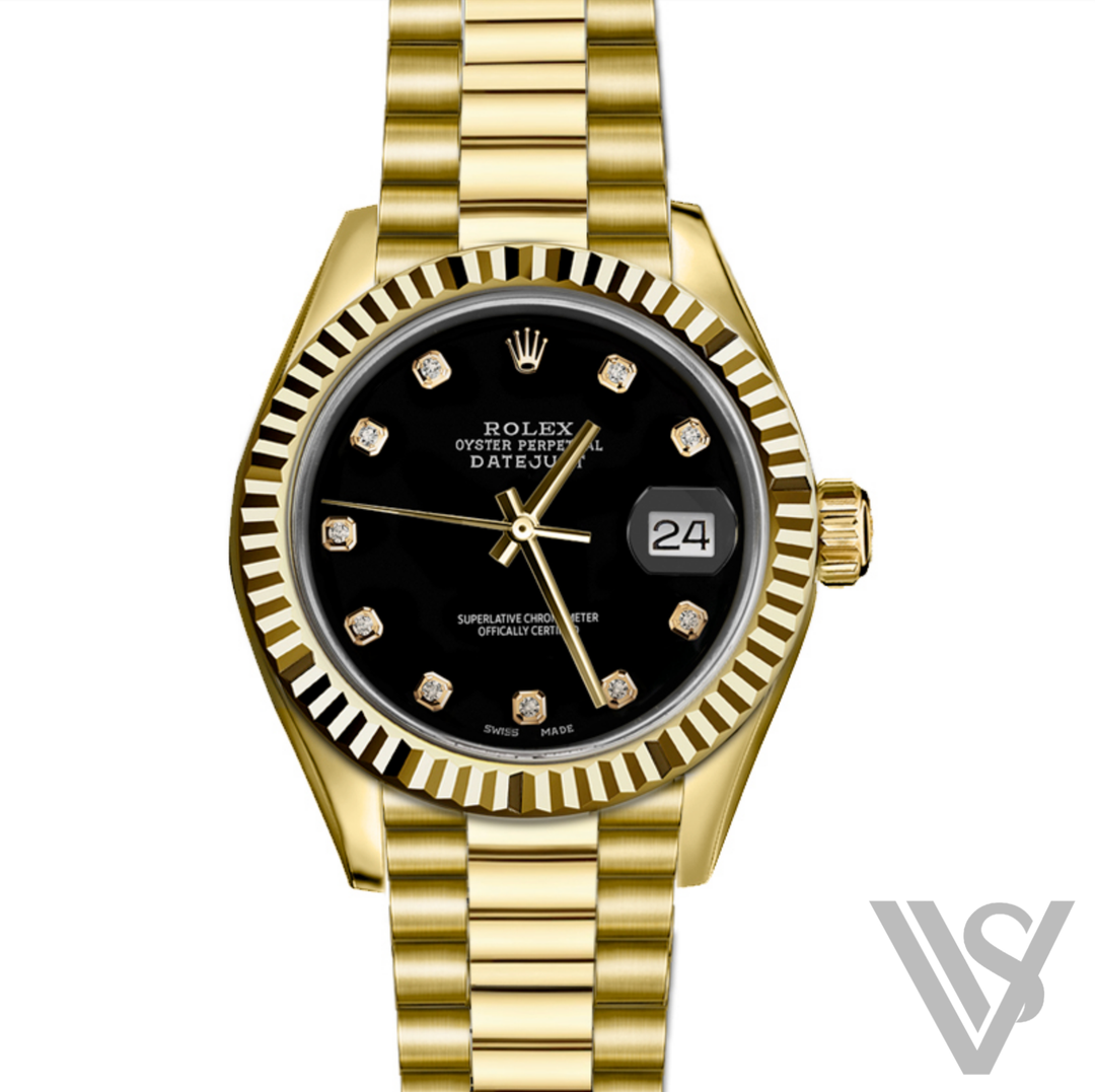 Rolex - Yellow Gold Datejust - Fluted Bezel - Black Diamond Dial - President Bracelet