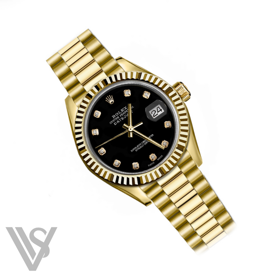 Rolex - Yellow Gold Datejust - Fluted Bezel - Black Diamond Dial - President Bracelet