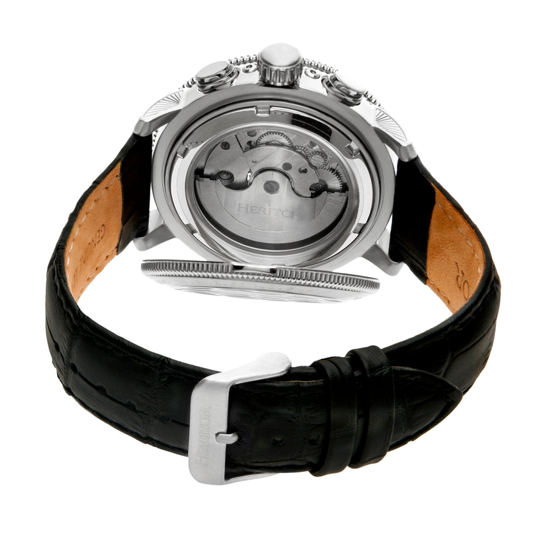 Aura Semi-Skeleton Genuine Leather-Band Watch Silver/Black Multi-colored Dial
