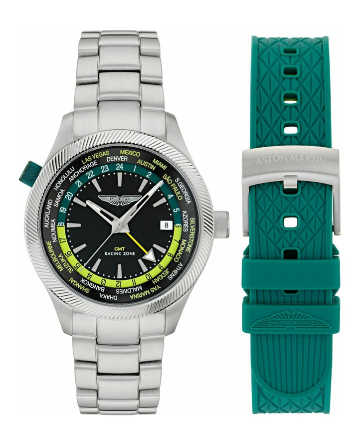 GRZ Stainless Steel/Green Silicone Interchangable Strap Black Dial