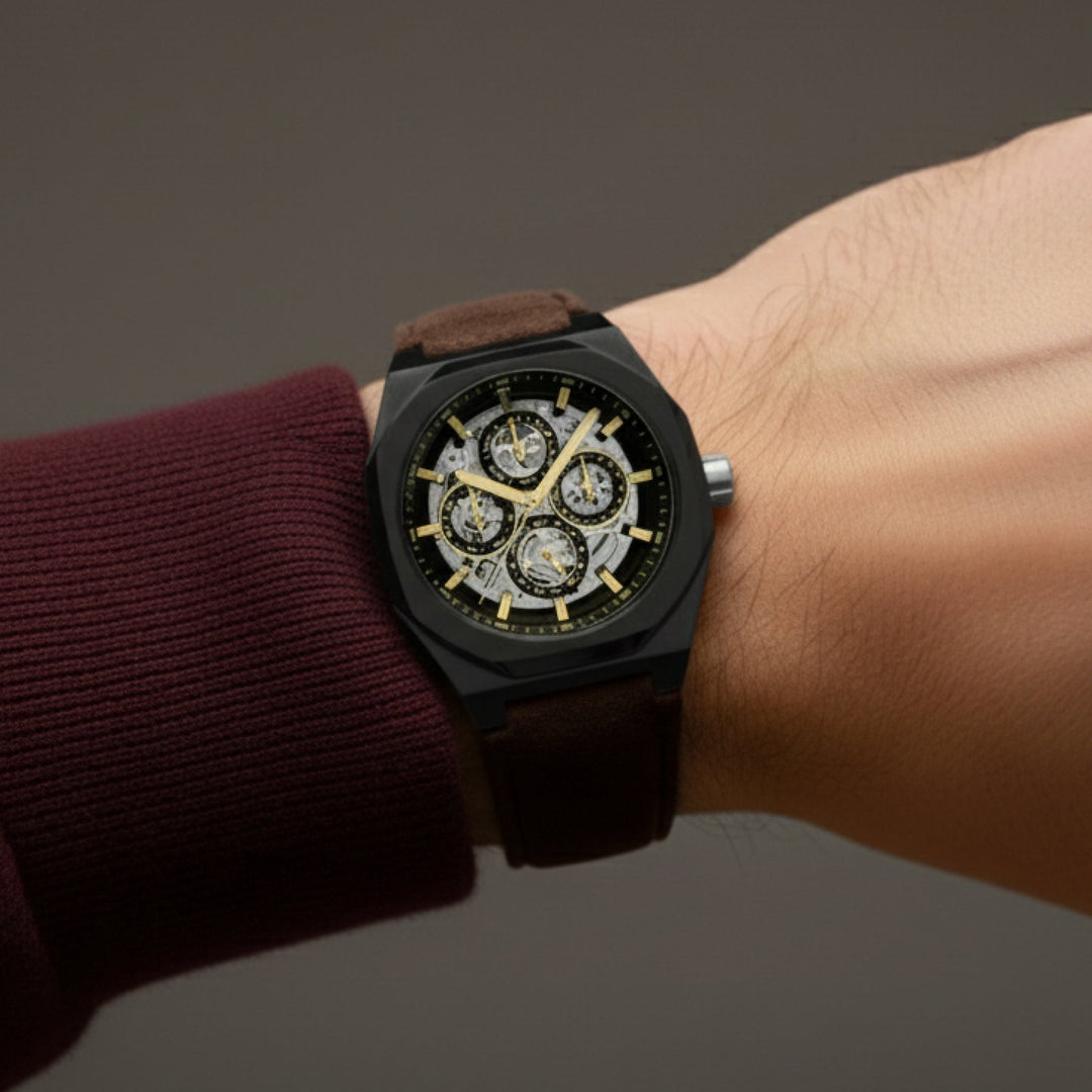 Discovery Drake Triple Calendar Skeleton Automatic Black / Genuine Leather Black