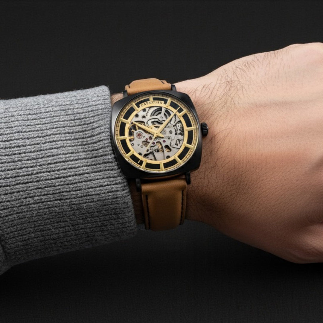 City Of London Moorgate Skeleton Automatic Gold / Genuine Leather Strap | Gold D