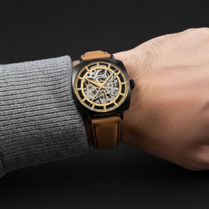 City Of London Moorgate Skeleton Automatic Gold / Genuine Leather Strap | Gold D
