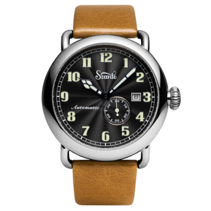 Officer's Classic Round Automatic Steel Case/Black Guilloche Dial/Tan Leather St