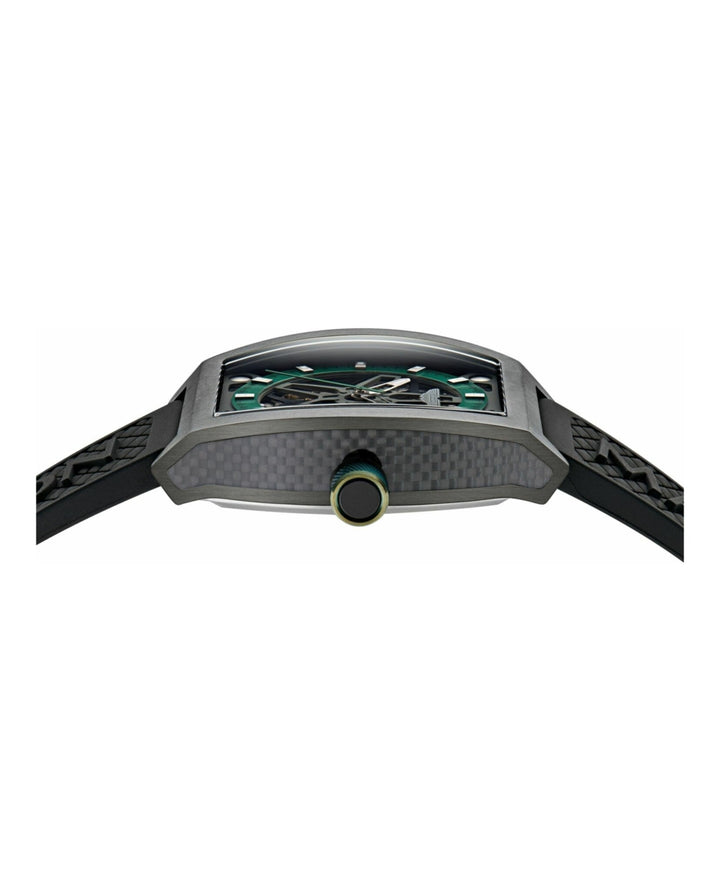 TRG Automatic Skeletonized Tonneau/Gunmetal IP/Black Silicone Green Dial