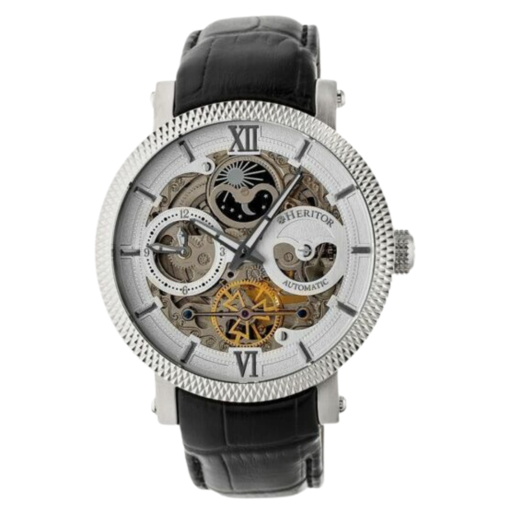 Automatic Aries Skeleton Leather Band Watch Black / White | Silver-white Dial