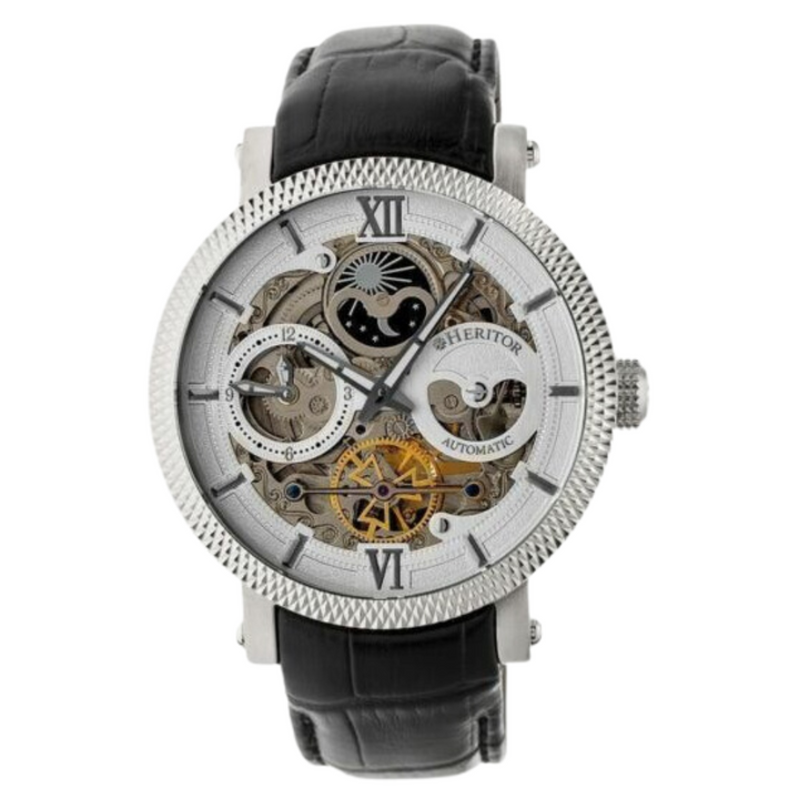 Automatic Aries Skeleton Leather Band Watch Black / White | Silver-white Dial