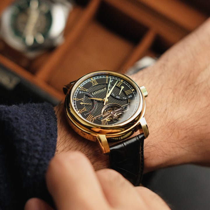 Heritage Longcase Double Retrograde Calendar Open Heart Automatic Black / Genuin