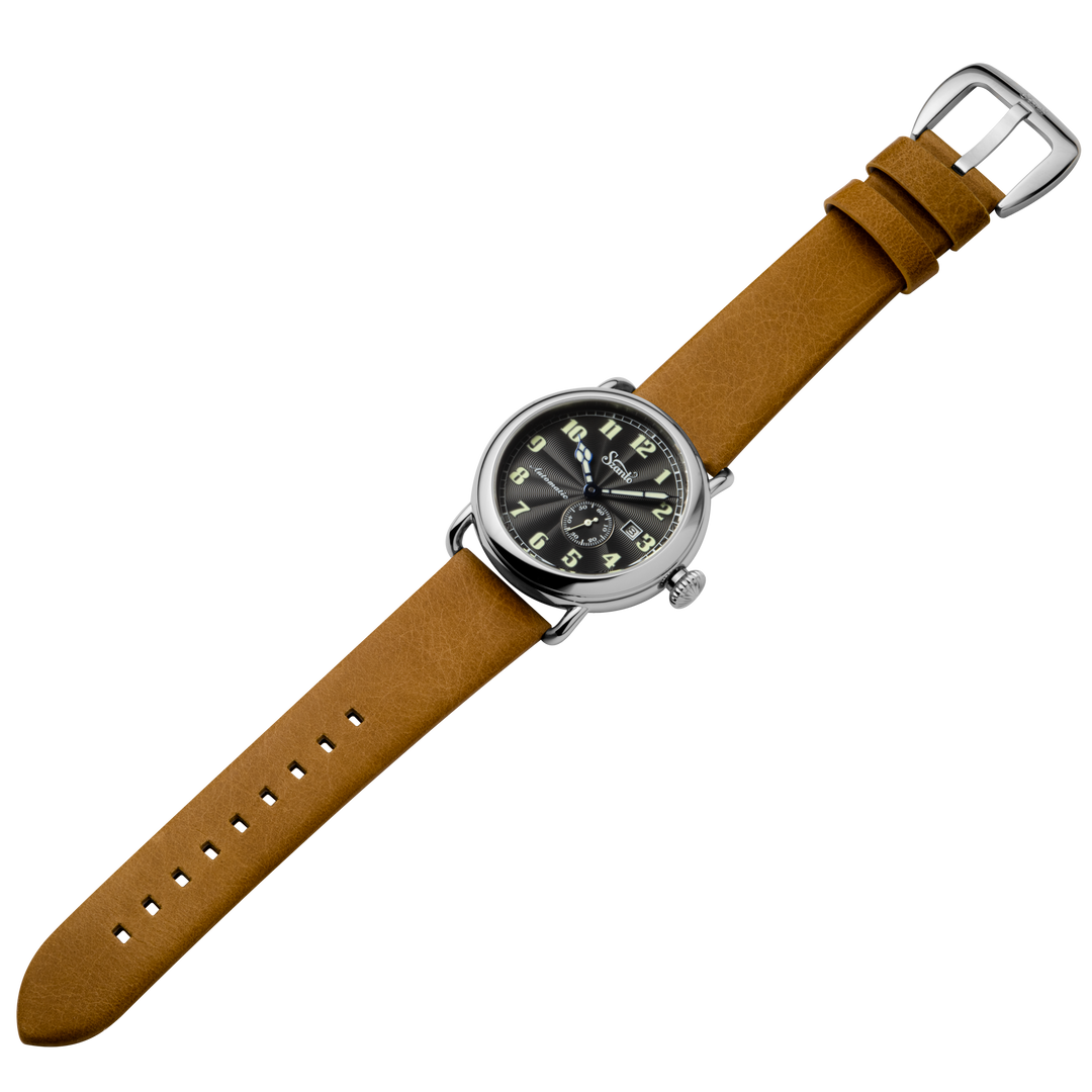 Officer's Classic Round Automatic Steel Case/Black Guilloche Dial/Tan Leather St