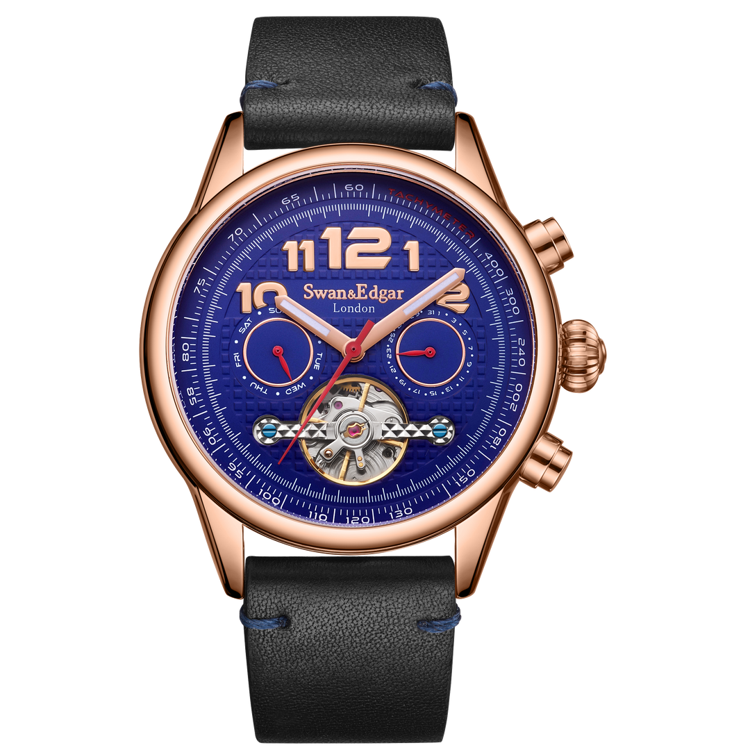 Hasten Automatic Blue Open Exhibition Dial Blue Leather Strap Rose Gold Case 45m
