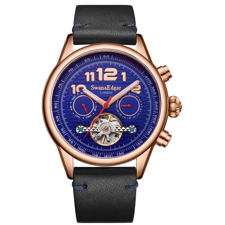 Hasten Automatic Blue Open Exhibition Dial Blue Leather Strap Rose Gold Case 45m