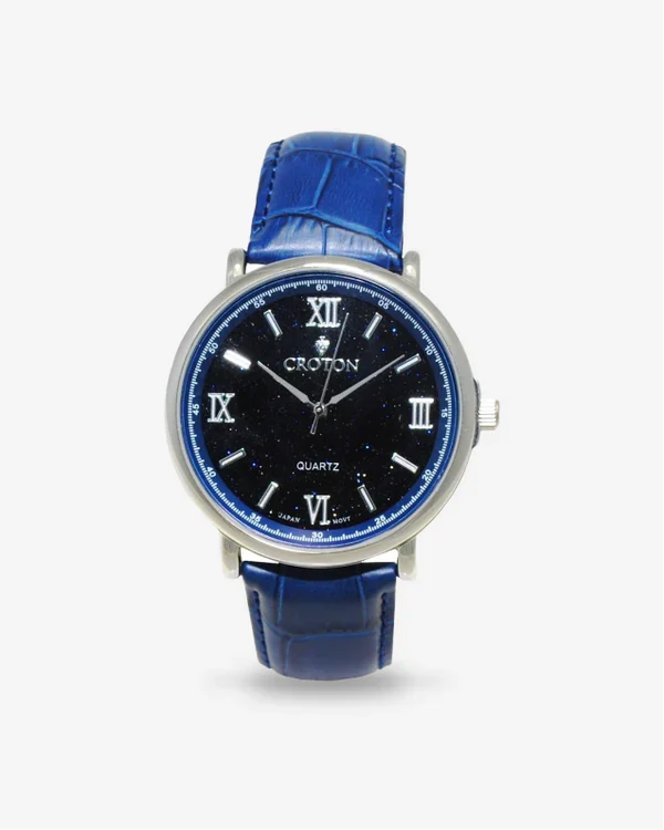 Men's Stainless Steel Quartz Watch with Rust Goldstone Glass Dial & Leather Stra