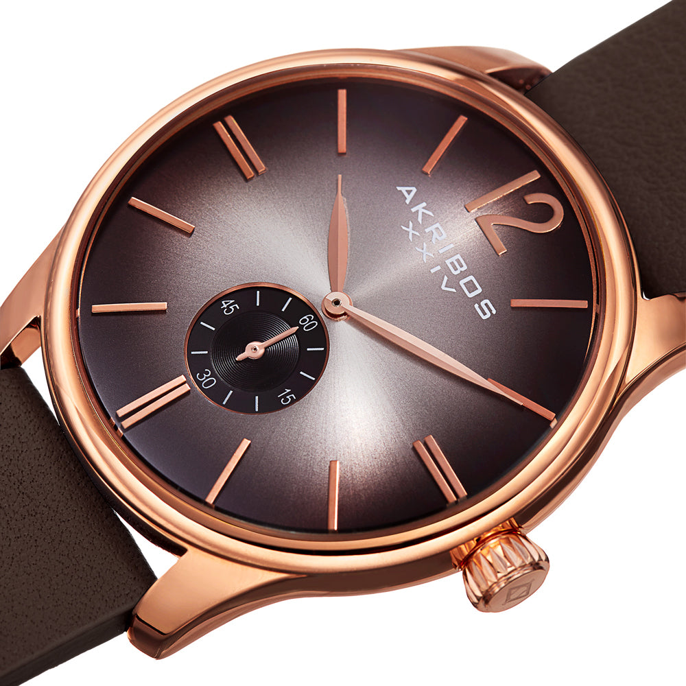 Small Seconds Genuine Brown Leather Strap Watch Brown/Rose | Black Dial