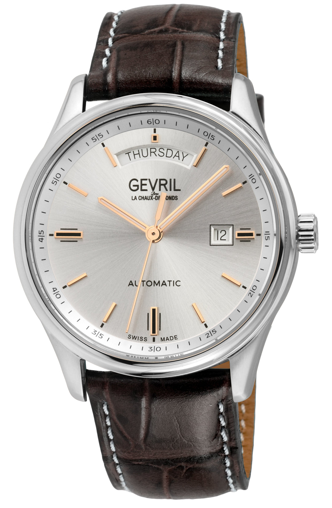 Excelsior Swiss made Automatic Sellita SW240, Silver Dial, Day/Date, Brown Leath