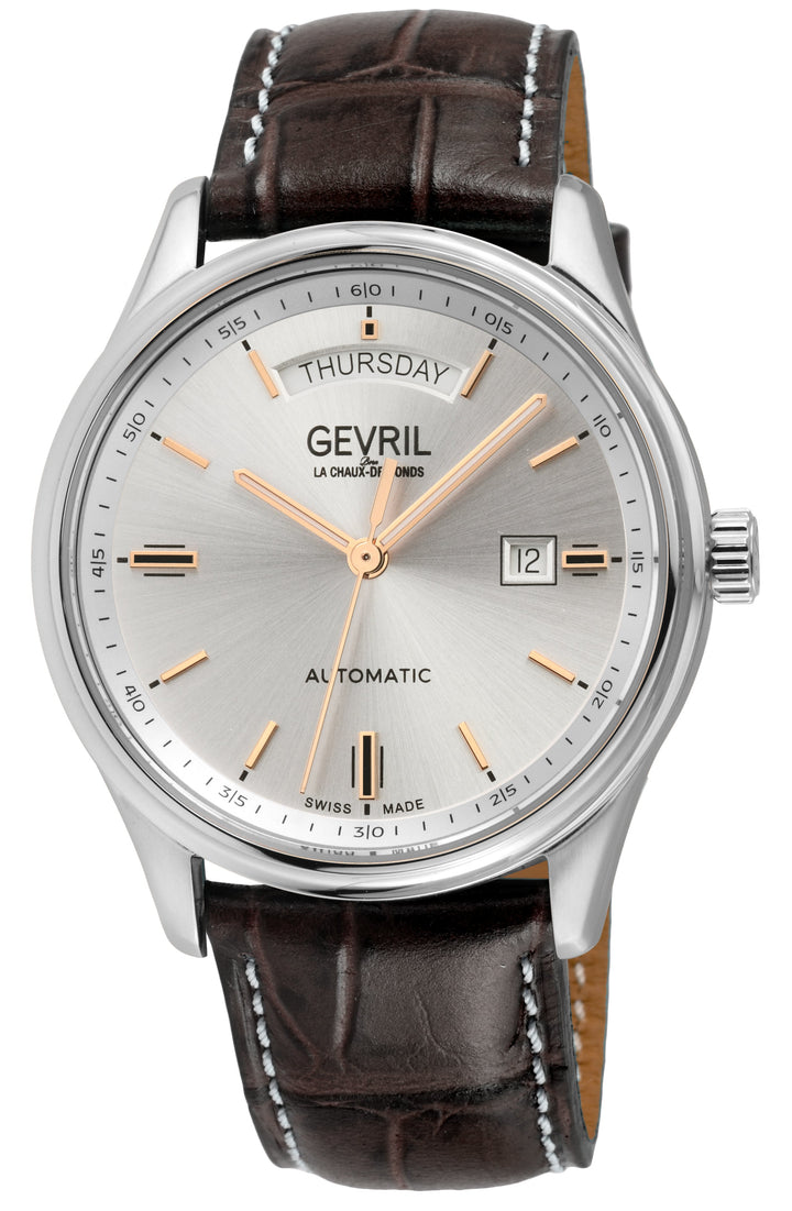 Excelsior Swiss made Automatic Sellita SW240, Silver Dial, Day/Date, Brown Leath