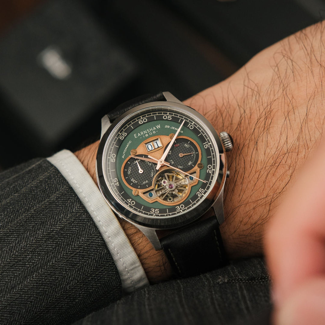 Baron Grand Date Calendar Open Heart Automatic Green / Black Leather | Green Dia