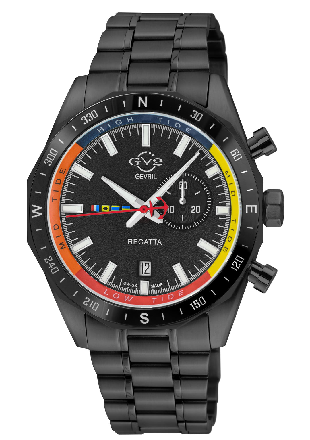 Regatta GV2 Swiss Quartz,Tide cycle indicator, Black dial, IPBLK Stainless Steel