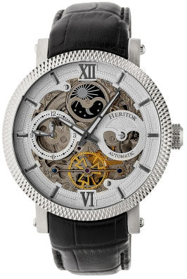 Automatic Aries Skeleton Leather Band Watch Black / White | Silver-white Dial