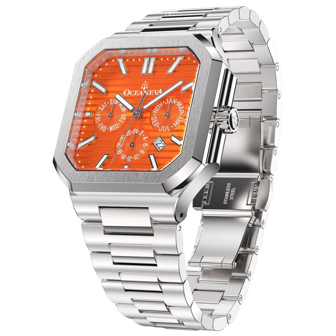 Tenuis Automatic Silver Bezel Watch  | Orange Dial with Calendar