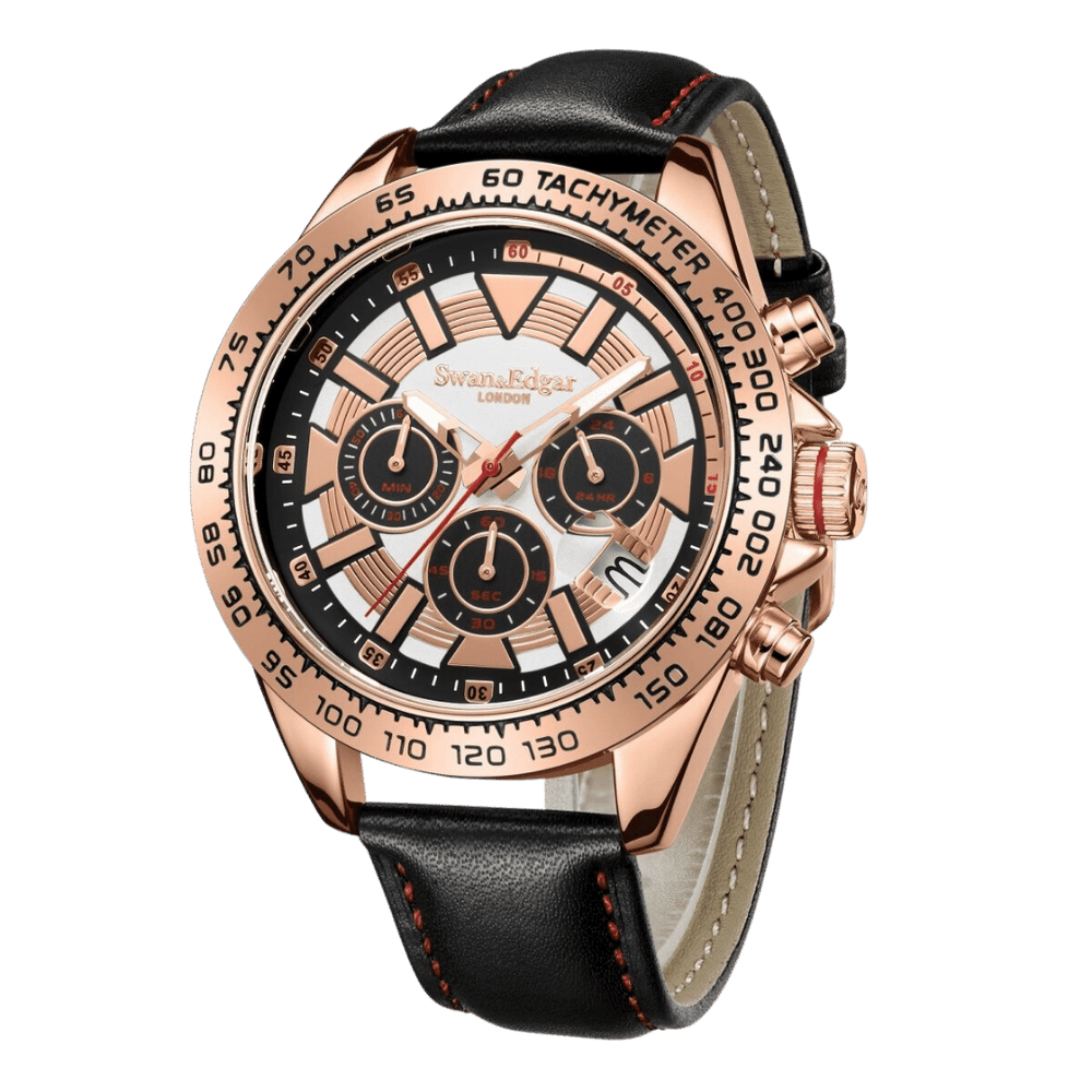 Speed Tracker Mechanical Quartz White Dial Black Leather Strap Rose Case Chronog