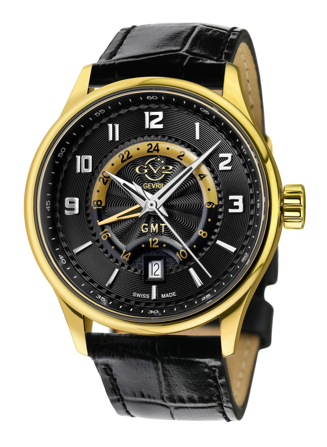 Giromondo GV2 by Gevril Swiss Made GMT  Gold Watch Black Leather Strap | Black D