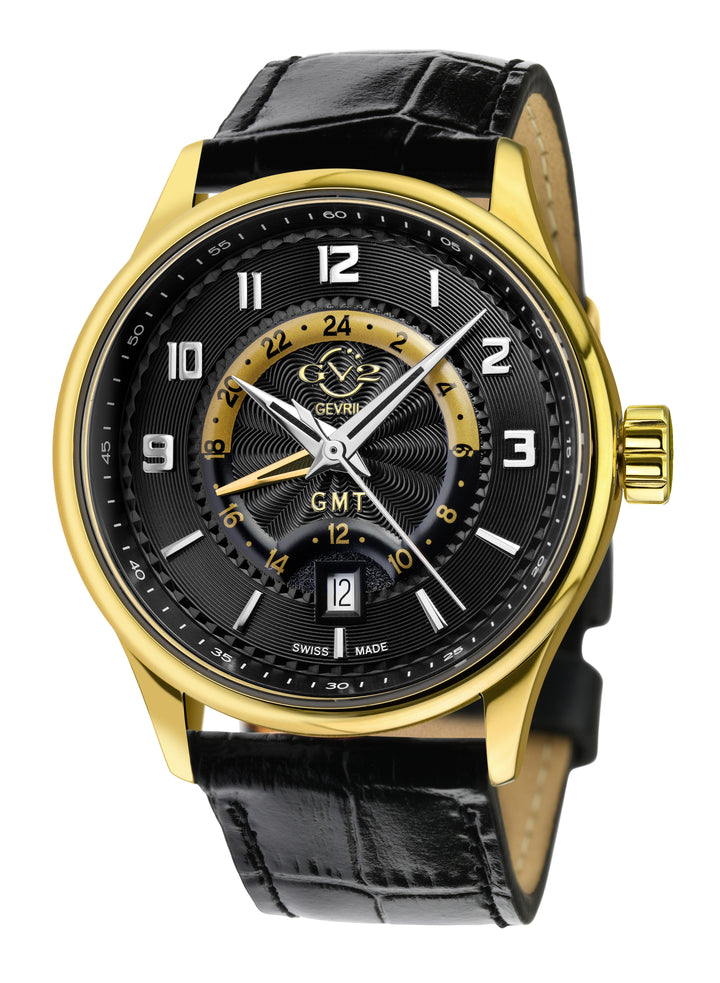 Giromondo GV2 by Gevril Swiss Made GMT  Gold Watch Black Leather Strap | Black D