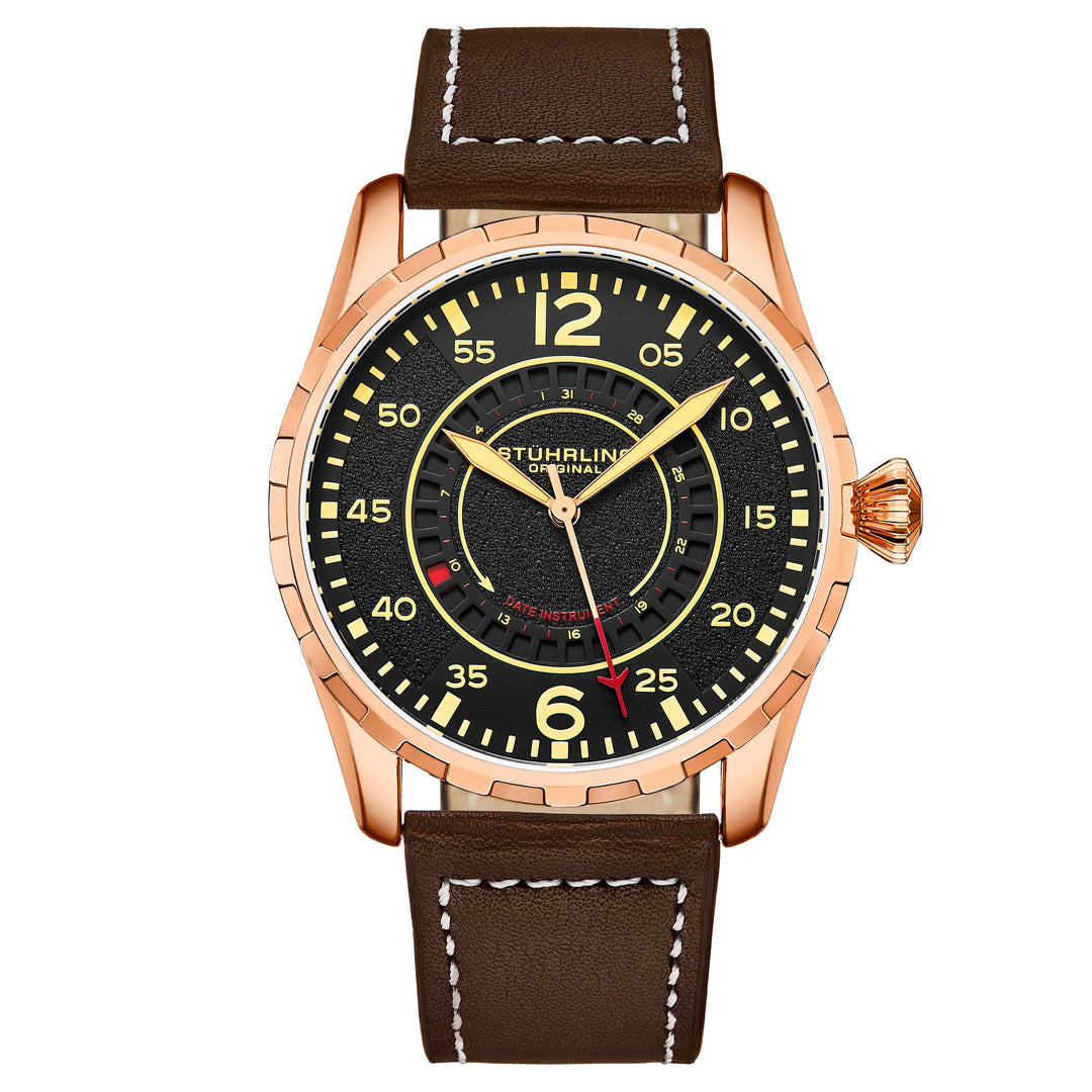Aviator 4002.5 Rose Gold case/Leather strap/ Brass Dial | Black Dial