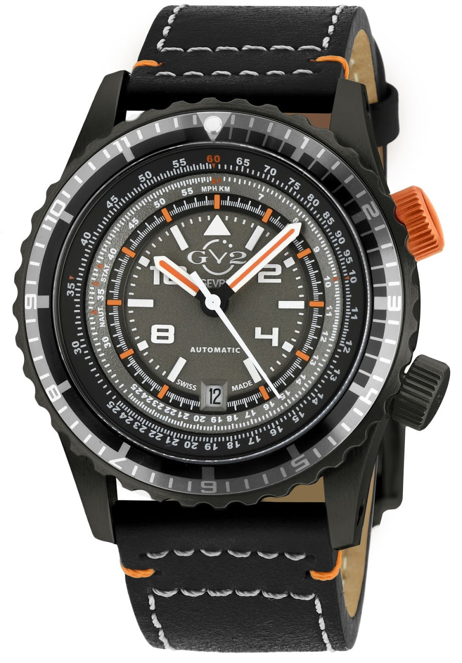Contasecondi GV2 Contasecondi Men's Grey/Orange Dial Black Calfskin Leather Watc